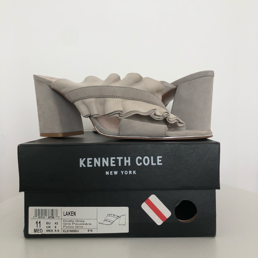 Kenneth Cole Gray Ruffled Mule Block Heel Sandals